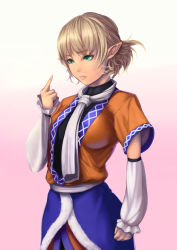 Rule 34 | 1girl, arm at side, arm warmers, blonde hair, breasts, cowboy shot, gradient background, green eyes, hoshara, lips, middle finger, mizuhashi parsee, parted lips, pink background, pointy ears, short sleeves, sneer, solo, touhou