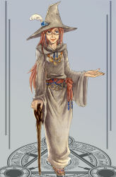 Rule 34 | 1girl, blue eyes, cane, hat, magic circle, red hair, robe, solo, tokimura shurei, witch, witch hat