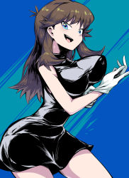 Rule 34 | 1girl, adjusting clothes, adjusting gloves, armpits, bare shoulders, black dress, blue eyes, breasts, brown hair, clenched hands, creatures (company), curvy, dress, earrings, eyelashes, female focus, game freak, gloves, green (pokemon), hands up, highres, jewelry, large breasts, legs, long hair, naughty face, neck, nintendo, open mouth, parted bangs, pokemon, pokemon adventures, shimure (460), shiny clothes, shiny skin, short dress, side slit, sidelocks, sleeveless, sleeveless dress, sleeveless turtleneck, standing, thighs, tight clothes, tight dress, tongue, tongue out, turtleneck, turtleneck dress, two-tone background, v-shaped eyebrows, white gloves