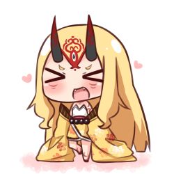 Rule 34 | &gt; &lt;, 1girl, :d, > <, bare shoulders, blonde hair, blush, chibi, commentary request, closed eyes, facial mark, facing viewer, fangs, fate/grand order, fate (series), forehead mark, full body, hana kazari, horns, ibaraki douji (fate), japanese clothes, kimono, long hair, long sleeves, off shoulder, oni, oni horns, open mouth, sleeves past fingers, sleeves past wrists, smile, solo, standing, standing on one leg, very long hair, white background, wide sleeves, xd, yellow kimono