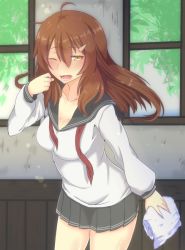 Rule 34 | 10s, 1girl, ahoge, alternate breast size, alternate hair length, alternate hairstyle, blush, breasts, brown eyes, brown hair, cleavage, collarbone, commentary request, grey skirt, hair between eyes, hair ornament, hairclip, half-closed eye, holding, i b b e, ikazuchi (kancolle), indoors, kantai collection, long hair, long sleeves, looking at viewer, aged up, one eye closed, open mouth, pleated skirt, school uniform, serafuku, skirt, solo, standing, teeth, thighs, window, yawning, yellow eyes