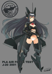 Rule 34 | 1girl, absurdres, aircraft, airplane, antennae, assault rifle, black hair, black thighhighs, boots, breasts, bullpup, cleavage, finger on trigger, frills, full body, glowing, glowing eyes, green eyes, grey background, gun, hair ornament, highres, j-20, jet, lleaf, long hair, mecha musume, midriff, military, mole, navel, original, panties, people&#039;s liberation army, people&#039;s liberation army air force, personification, pointy ears, qbz-95, rifle, simple background, solo, standing, thigh boots, thighhighs, underwear, v-shaped eyebrows, very long hair, weapon, xiao (ye yiaoxi)