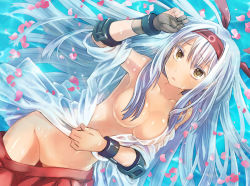 Rule 34 | 10s, 1girl, blue hair, breasts, censored, cherry blossoms, cleavage, clothes pull, convenient censoring, gloves, hair censor, hair over breasts, hairband, kantai collection, long hair, medium breasts, open mouth, personification, petals, see-through, shoukaku (kancolle), skirt, skirt pull, solo, wristband, yellow eyes, yumi yumi