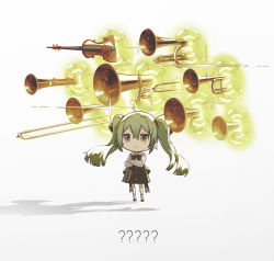 Rule 34 | 1girl, ?, ahoge, baritone (instrument), black bow, black skirt, bow, cello, chibi, closed mouth, collared shirt, crossed arms, fate (series), floating hair, gate of babylon (fate), green eyes, green hair, grey background, hair between eyes, hatsune miku, highres, instrument, instrument request, kieed, long hair, long sleeves, pleated skirt, shadow, shirt, skirt, socks, solo, standing, trombone, trumpet, tuba, twintails, v-shaped eyebrows, very long hair, vocaloid, white shirt, white socks