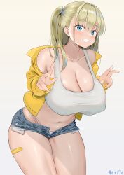 Rule 34 | 1girl, aymusk, bandaid, bandaid on leg, blonde hair, blue eyes, blue shorts, blush, breasts, cleavage, collarbone, commentary request, covered erect nipples, curvy, denim, denim shorts, double v, freckles-chan (aymusk), grey background, grin, hair between eyes, highleg, highleg panties, highres, jacket, large breasts, long hair, navel, open fly, original, panties, short shorts, shorts, simple background, smile, solo, sports bra, standing, teeth, thighs, unbuttoned, underwear, v, white panties, white sports bra, yellow jacket