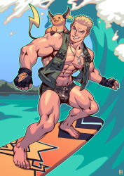 Rule 34 | 1boy, abs, absolum art, bara, bare pectorals, bare shoulders, black male swimwear, black swim briefs, commission, creatures (company), drawstring, facial hair, fingerless gloves, full body, game freak, gen 1 pokemon, gloves, highres, jewelry, large pectorals, male focus, male swimwear, muscular, navel, navel hair, necklace, nintendo, nipples, on shoulder, pectorals, pokemon, pokemon (creature), pokemon on shoulder, pokemon rgby, raichu, short hair, sleeveless, solo, surfboard, surfing, surge (pokemon), swim briefs, swimsuit, thick thighs, thighs