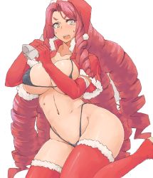 Rule 34 | 1girl, bikini, black bikini, borrowed character, breasts, character request, christmas, drill hair, elbow gloves, eyebrows, gloves, hat, highres, large breasts, long hair, looking at viewer, minakami (flyingman555), navel, oekaki, open mouth, red gloves, red hair, red thighhighs, sack, santa hat, simple background, solo, sweatdrop, swimsuit, tabitha luvini, thighhighs, thighs, very long hair, white background, yellow eyes
