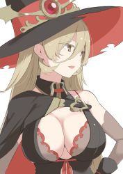 Rule 34 | 1girl, :d, ass, black gloves, blonde hair, breasts, cleavage, gloves, hair between eyes, hat, kichihachi, large breasts, long hair, navel, nijisanji, nui sociere, open mouth, smile, solo, virtual youtuber, witch, witch hat, yellow eyes