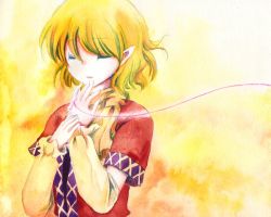 Rule 34 | 1girl, blonde hair, colored pencil (medium), closed eyes, female focus, mizuhashi parsee, painting (medium), pointy ears, shiroaisa, solo, string, string of fate, touhou, traditional media, upper body, watercolor (medium)