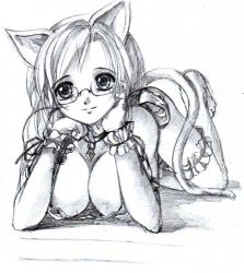 Rule 34 | 1girl, animal ears, barefoot, bow, breasts, cat ears, cat tail, cloud, cuffs, glasses, large breasts, lowres, monochrome, simple background, solo, tail