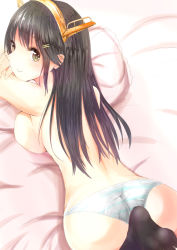 Rule 34 | 10s, 1girl, back, bad id, bad pixiv id, black hair, black socks, breasts, brown eyes, dutch angle, from behind, hair ornament, hairclip, haruna (kancolle), headgear, kantai collection, large breasts, long hair, looking at viewer, looking back, lying, on bed, on stomach, onakasuitao!, panties, panties only, pillow, smile, socks, solo, striped clothes, striped panties, topless, underwear, underwear only, upper body