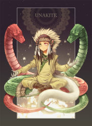 Rule 34 | 1girl, celestial stones, feathers, green eyes, heterochromia, highres, indian style, light smile, md5 mismatch, original, personification, red eyes, sitting, snake, solo, tatsuki maki, unakite (personification)
