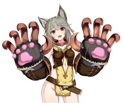 Rule 34 | 10s, 1girl, :d, animal ears, animal hands, blush, breasts, cat ears, cat paws, chocola flex, claw (weapon), clothing cutout, collar, cowboy shot, dress, erune, fang, granblue fantasy, grey hair, hair between eyes, heart, heart-shaped pupils, long hair, medium breasts, navel, navel cutout, no panties, open mouth, orange eyes, sen (granblue fantasy), short dress, simple background, smile, solo, symbol-shaped pupils, weapon, white background