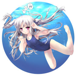 Rule 34 | !?, 10s, 1girl, ?, absolute duo, barefoot, highres, long hair, mao (6r), one-piece swimsuit, red eyes, school swimsuit, silver hair, sinking, swimsuit, two side up, underwater, yurie sigtuna