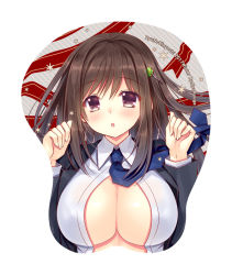 Rule 34 | 1girl, :o, artist name, black jacket, blue necktie, blush, breast mousepad, breasts, brown hair, cleavage, clover hair ornament, collared shirt, four-leaf clover hair ornament, hair ornament, hairclip, jacket, large breasts, long hair, long sleeves, looking at viewer, lying, mousepad, mousepad (medium), necktie, on back, open clothes, open jacket, open mouth, open shirt, original, purple eyes, ryuuga shou, school uniform, shiny skin, shirt, solo, striped, striped background, tareme, upper body, w arms, white shirt, wing collar