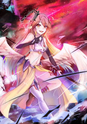 Rule 34 | 1girl, absurdres, angel wings, asymmetrical legwear, breasts, bridal gauntlets, commentary request, spiked halo, crop top, feathered wings, gloves, gradient eyes, gradient hair, halo, happy, highres, holding, holding scythe, holding weapon, jibril (no game no life), long hair, low wings, magic circle, medium breasts, midriff, mismatched legwear, multicolored eyes, multicolored hair, natsuki natsuki, navel, no game no life, open mouth, pink hair, red eyes, scythe, sideboob, smile, solo, tattoo, very long hair, weapon, white wings, wing ears, wings, yellow eyes