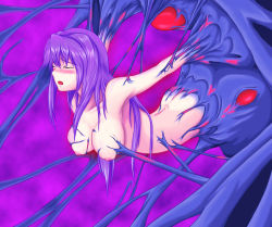 Rule 34 | 1girl, blush, breasts, closed eyes, highres, long hair, nipples, open mouth, purple hair, purple theme, solo, tagme