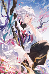Rule 34 | 1boy, bishounen, black pants, fate/grand order, fate (series), highres, long hair, looking at viewer, male focus, merlin (fate), messy hair, michi (iawei), one eye closed, pants, petals, purple eyes, robe, smile, solo, staff, white hair