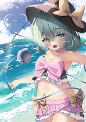 Rule 34 | 1girl, absurdres, beach, black hat, bow, bow swimsuit, breasts, cleavage, cloud, commentary request, commission, cowboy shot, dfra, eyeball, green hair, hat, hat bow, hat ribbon, heart, heart in eye, heart of string, highres, horizon, komeiji koishi, lens flare, light particles, looking at viewer, medium breasts, medium hair, navel, ocean, open mouth, outdoors, pixiv commission, ribbon, sky, solo, string, swimsuit, symbol in eye, third eye, touhou, water, waves, wet