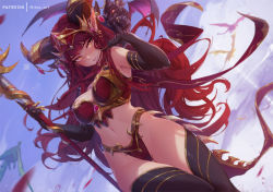 Rule 34 | 1girl, alexstrasza, black gloves, black thighhighs, blush, bra, breasts, claw ring, closed mouth, cowboy shot, dragon, dragon horns, dutch angle, elbow gloves, floating hair, gloves, holding, holding staff, horns, large breasts, long hair, looking at viewer, midriff, mitsu (mitsu art), navel, panties, pointy ears, red bra, red hair, red panties, smile, solo, staff, thighhighs, tiara, underwear, v-shaped eyebrows, vambraces, very long hair, warcraft, yellow eyes