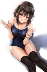 Rule 34 | 1girl, absurdres, bare arms, black hair, black one-piece swimsuit, black thighhighs, blush, breasts, brown eyes, collarbone, commentary request, competition school swimsuit, covered navel, double v, grin, hair between eyes, highres, long hair, looking at viewer, medium breasts, mole, mole on breast, one-piece swimsuit, original, school swimsuit, sidelocks, simple background, sitting, smile, solo, swimsuit, thighhighs, thighs, v, white background, yukemuriganmo