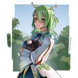 Rule 34 | 1girl, absurdres, animal, antlers, blue ribbon, blush, braid, branch, breasts, cat, ceres fauna, ceres fauna (1st costume), colored tips, dress, flower, gradient hair, green hair, hair between eyes, hair flower, hair ornament, highres, holding, holding animal, holding cat, hololive, hololive english, horns, jewelry, long hair, long sleeves, looking at viewer, mole, mole under eye, multicolored hair, off-shoulder dress, off shoulder, ribbon, seventeencrows, single braid, smile, snail (ceres fauna), solo, strapless, strapless dress, twitter username, virtual youtuber, white dress, wide sleeves, yellow eyes