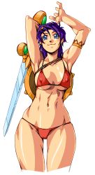 Rule 34 | 1girl, absurdres, armpits, arms behind head, arms up, athena (series), bikini, blue eyes, breasts, cleavage, highres, large breasts, long hair, looking at viewer, navel, princess athena, purple hair, qkat (arikawa-dou), red bikini, shield, smile, snk, solo, swimsuit, sword, thighs, toned, weapon