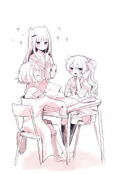 Rule 34 | 3girls, :d, arm rest, armband, blunt bangs, blush, bracelet, chair, clenched hand, closed mouth, coat, dot nose, eternal sakura, expressionless, hair horns, hair ornament, hairclip, hand up, head rest, holding, holding paper, jewelry, kneehighs, layered sleeves, long hair, long sleeves, magia record: mahou shoujo madoka magica gaiden, mahou shoujo madoka magica, midori ryo, minaminagi liberty academy school uniform, miniskirt, miyako hinano, monochrome, multiple girls, nervous smile, off shoulder, on chair, open mouth, paper, pink theme, ranan, sailor collar, sailor shirt, school uniform, serafuku, shirt, short bangs, short hair, short over long sleeves, short sleeves, side ponytail, sidelocks, simple background, sitting, skirt, sleeves rolled up, smile, socks, sparkle, standing, wavy hair, white background