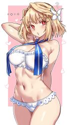 Rule 34 | 1girl, ?, absurdres, archetype earth, arcueid brunestud, bandeau, bare shoulders, bikini, blonde hair, blush, breasts, bright pupils, cleavage, ebora, fate/grand order, fate (series), flower, hair flower, hair intakes, hair ornament, highres, large breasts, looking at viewer, navel, neck ribbon, open mouth, red eyes, ribbon, short hair, solo, strapless, strapless bikini, swimsuit, thighs, tsukihime, white bikini, white pupils