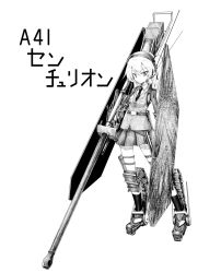 Rule 34 | 1girl, armor, cannon, caterpillar tracks, centurion (tank), closed mouth, commentary, dress shirt, frown, full body, girls und panzer, greaves, greyscale, gun, hair ribbon, headphones, highres, holding, holding gun, holding weapon, jacket, jinguu (4839ms), long hair, long sleeves, looking at viewer, mecha musume, military, military uniform, military vehicle, miniskirt, monochrome, motor vehicle, necktie, one side up, pleated skirt, ribbon, selection university military uniform, shield, shimada arisu, shirt, sketch, skirt, socks, solo, standing, tank, thigh strap, translated, uniform, weapon