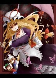 Rule 34 | 3girls, arano oki, blonde hair, bow, breasts, brown hair, bug, butterfly, chen, cleavage, collarbone, closed eyes, female focus, fox tail, frills, hair bow, hat, hat ribbon, bug, large breasts, long hair, long sleeves, multiple girls, multiple tails, open mouth, outstretched arms, puffy sleeves, red eyes, ribbon, ringed eyes, short hair, short sleeves, @ @, tail, touhou, umbrella, very long hair, wide sleeves, yakumo ran, yakumo yukari