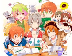 Rule 34 | !, 10s, 6+boys, :3, ?, ahoge, aoi kyosuke, aoi yusuke, bad id, bad pixiv id, blush, book, brothers, brown hair, doughnut, food, glasses, green eyes, green hair, grey eyes, homework, idolmaster, idolmaster side-m, kiyose akame, kizaki ren, male focus, mizushima saki, multiple boys, musical note, nekoyanagi kirio, orange eyes, orange hair, paper, pencil, pink hair, ponytail, siblings, smile, spoken food, spoken musical note, spoken skull, spoken squiggle, squiggle, sweat, sweatband, trap, uzuki makio, w (idolmaster), wakazato haruna