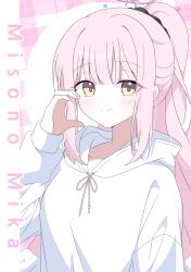 Rule 34 | 1girl, blue archive, blush, closed mouth, halo, hand up, highres, hood, hood down, hoodie, long hair, long sleeves, looking at viewer, mika (blue archive), pink hair, ponytail, seno (senohime), smile, solo, upper body, very long hair, white hoodie, yellow eyes