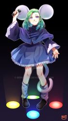 Rule 34 | 1girl, animal ears, brave fencer musashiden, capelet, commission, dress, full body, green hair, hairband, looking at viewer, meiko (puua), mouse ears, mouse girl, mouse tail, purple capelet, purple eyes, shoes, short hair, smile, solo, tail, topo (musashiden)