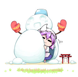 Rule 34 | :3, = =, chibi, commentary, english text, engrish text, hat, kashuu (b-q), letty whiterock, light purple hair, mittens, ranguage, red mittens, short hair, snow, snowman, thick eyebrows, torii, touhou