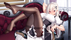 Rule 34 | 1girl, apron, arm behind head, black pantyhose, blush, breasts, corset, couch, dress, earrings, feet, frills, hair between eyes, high heels, highres, holding, holding shoes, indoors, jewelry, large breasts, legs up, long hair, looking at viewer, maid, maid headdress, meion, original, pantyhose, patent heels, puffy short sleeves, puffy sleeves, pumps, reclining, red eyes, shoes, short sleeves, sidelocks, smile, solo, stiletto heels, thighband pantyhose, thighs, white hair
