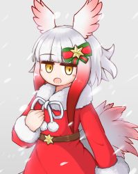 Rule 34 | 1girl, :o, aticotta, blush, christmas, dress, hair ornament, head wings, highres, japanese crested ibis (kemono friends), kemono friends, kemono friends 3, long sleeves, multicolored hair, open mouth, red dress, ribbon, santa costume, short hair, smile, snow, snowing, solo, white hair, wings, yellow eyes