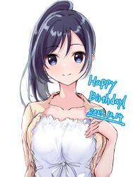 Rule 34 | 1girl, 2023, aonatsu line, black hair, blue eyes, blush, closed mouth, collarbone, commentary request, dated, hand up, happy birthday, highres, kousaka miki, long hair, looking at viewer, ncontrail (mgax7527), parted bangs, ponytail, shirt, simple background, sketch, smile, solo, straight-on, upper body, white background, white shirt