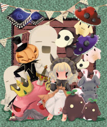 1girl 1other 2000s_(style) black_bow black_bowtie black_hat blonde_hair book border bow bowtie chibi chibi_only closed_mouth commentary_request creature crown dolor_of_thanatos dress facial_hair full_body green_border hat headdress jack-o&#039;-lantern_head jakk_(ragnarok_online) king_poring looking_at_viewer medium_hair monster mustache no_lineart open_mouth piamette poison_spore ragnarok_online red_eyes rideword_(ragnarok_online) sleeper_(ragnarok_online) slime_(creature) smile solid_oval_eyes spore_(ragnarok_online) streamers stuffed_animal stuffed_rabbit stuffed_toy top_hat white_dress yu_(lilacxx)