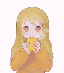 Rule 34 | 1girl, ayu (mog), blonde hair, blowing, brown eyes, commentary request, cup, hair ornament, hairclip, highres, holding, holding cup, long hair, long sleeves, looking at viewer, mug, orange sweater, original, pink background, ribbed sweater, sidelocks, signature, simple background, solo, star (symbol), steam, sweater, upper body, x hair ornament