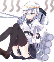 Rule 34 | 10s, 1girl, :o, bad id, bad nicoseiga id, belt, between legs, black skirt, black thighhighs, blue eyes, blush, brown footwear, buttons, cannon, coat, eyelashes, flat cap, hair ornament, hairclip, hammer and sickle, hat, hat ornament, hibiki (kancolle), highres, holding, holding behind back, kamizaki hibana, kantai collection, legs up, loafers, long hair, long sleeves, looking down, machinery, open mouth, panties, pantyshot, pleated skirt, polka dot, polka dot panties, sailor collar, shiny skin, shoes, silver hair, simple background, sitting, skirt, smoke, solo, star (symbol), sweat, sweatdrop, thighhighs, thighs, tsurime, turret, underwear, upskirt, verniy (kancolle), very long hair, white background, white coat, white hat
