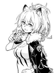 Rule 34 | 1girl, animal ears, arknights, breasts, candy, cleavage, food, fur-trimmed jacket, fur trim, greyscale, hair between eyes, hand on own hip, hand up, highres, holding, holding candy, holding food, holding lollipop, jacket, jacket on shoulders, large breasts, leather, leather jacket, lion ears, lollipop, long hair, looking at viewer, monochrome, ponytail, siege (arknights), simple background, solo, tank top, twitter username, upper body, white background, yom (ymayma00ss)