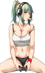 Rule 34 | 1girl, black panties, blush, breasts, brown eyes, cleavage, commentary, controller, food, game controller, green hair, hair ornament, hair scrunchie, headphones, headset, highres, jewelry, kantai collection, medium breasts, midriff, mouth hold, navel, necklace, off shoulder, panties, ponytail, popsicle, scrunchie, seven (shijima), sidelocks, simple background, sitting, solo, spread legs, tank top, underwear, white background, yuubari (kancolle)