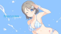 Rule 34 | 10s, 1girl, 6u (eternal land), bikini, blue eyes, blush, breasts, grey hair, grin, halterneck, heart, highres, large breasts, looking at viewer, love live!, love live! sunshine!!, non-web source, one eye closed, salute, short hair, simple background, smile, solo, splashing, swimsuit, text focus, wallpaper, watanabe you