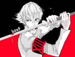 Rule 34 | 1boy, armband, awara kayu, black armband, black background, blood, bloody weapon, commentary request, hair between eyes, hands up, holding, holding sword, holding weapon, katana, long sleeves, male focus, red armband, red background, short hair, simple background, solo, sword, tamaki mizurou, tokyo ghoul, tokyo ghoul:re, upper body, weapon