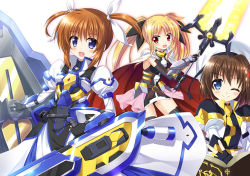 Rule 34 | 3girls, ;), armor, armored dress, bardiche (nanoha), bardiche (zanber form) (nanoha), beret, black dress, black gloves, black ribbon, blue eyes, cape, commentary request, dress, endori, fate testarossa, fate testarossa (blaze form ii), fingerless gloves, fortress (nanoha), gauntlets, gloves, hair ornament, hair ribbon, hat, holding, holding weapon, jacket, juliet sleeves, long dress, long hair, long sleeves, looking at viewer, lyrical nanoha, magical girl, mahou shoujo lyrical nanoha, mahou shoujo lyrical nanoha reflection, multiple girls, one eye closed, open mouth, partial commentary, puffy sleeves, purple eyes, red cape, ribbon, short dress, short hair, sidelocks, simple background, sleeveless, sleeveless dress, smile, standing, strike cannon, takamachi nanoha, takamachi nanoha (fortress mode), tome of the night sky, twintails, two-sided cape, two-sided fabric, weapon, white background, white cape, white dress, white headwear, white jacket, white ribbon, x hair ornament, yagami hayate