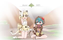 Rule 34 | 2023, 2girls, afterimage, animal ears, back bow, blonde hair, bow, bowtie, brown eyes, brown hoodie, cat ears, cat tail, chis (js60216), commentary, english commentary, english text, extra ears, fang, frown, green hair, happy new year, high-waist skirt, highres, holding, hood, hood up, hoodie, indian style, japari symbol, kemono friends, kneeling, long sleeves, looking at another, looking up, miniskirt, motion lines, multiple girls, new year, open mouth, paw pose, petticoat, sand cat (kemono friends), sandals, shirt, shoes, short hair, sitting, skirt, sleeveless, sleeveless shirt, snake hood, snake tail, socks, striped tail, sweatdrop, tail, tail grab, tsuchinoko (kemono friends), white footwear, white shirt, yellow bow, yellow bowtie, yellow eyes, yellow skirt, yellow socks