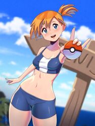 Rule 34 | 1girl, adapted costume, asymmetrical hair, bare legs, bikini, blue bikini, blue eyes, blue shorts, blue sky, blush, breasts, cameltoe, cloud, cowboy shot, creatures (company), day, game freak, gym leader, hair between eyes, highres, kagato007, legs, looking at viewer, medium breasts, misty (pokemon), navel, nintendo, open mouth, orange hair, outdoors, pokemon, pokemon (anime), pokemon origins, ponytail, short hair, short ponytail, shorts, side ponytail, sky, smile, solo, standing, stomach, swimsuit, thighs, tight clothes, wide hips