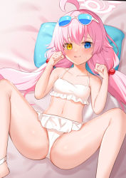 Rule 34 | 1girl, absurdres, ahoge, ass, bare arms, bare shoulders, bikini, blue archive, blue eyes, blush, breasts, daoyan, eyewear on head, frilled bikini, frills, hair between eyes, hair bobbles, hair ornament, halo, heterochromia, highres, hoshino (blue archive), hoshino (swimsuit) (blue archive), licking lips, long hair, low twintails, navel, pink hair, small breasts, smile, solo, sunglasses, swimsuit, tongue, tongue out, twintails, very long hair, wet, white-framed eyewear, white bikini, yellow eyes