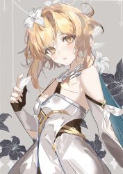 Rule 34 | 1girl, absurdres, bare shoulders, black gloves, blonde hair, blush, commentary request, cowboy shot, detached sleeves, dress, feathers, floral background, flower, genshin impact, gloves, hair flower, hair ornament, head tilt, highres, holding, holding feather, long hair, looking at viewer, lumine (genshin impact), open mouth, partially fingerless gloves, sleeveless, sleeveless dress, solo, white dress, white flower, white sleeves, yellow eyes, zc ling